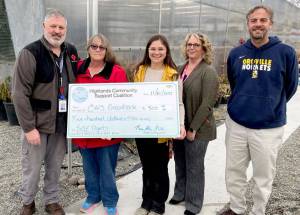 Pictured, l-r, Marcus Alden, Chairperson of the HCSC; Laura Robinson, HCSC Treasurer; Ali Covey, OHS SAE CTE Instructor; Linda Achondo, OHS Principal and Jeff Hardesty, Oroville School District Superintendent. Submitted photo