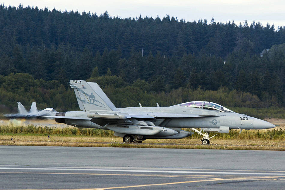An EA-18G Growler taxis down the airstrip on Naval Air Station Whidbey Island during the squadrons welcome home ceremony in August 2017. (U.S. Navy photo by Mass Communication Specialist 2nd Class Scott Wood/Contributed photo)