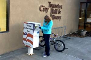 An official ballot drop box in front of the Tonasket City Hall and Library. Gary DeVon/file photo