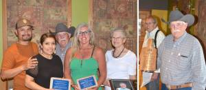 Robert Mueri/staff photos
Left, the Tonasket Chamber of Commerce gave out several awards at their annual banquet last Saturday. Recipients were, l-r, Arron and Anna Polito Tonasket Pizza, Business of the Year; Jerry Asmussen, Citizen of the Year; Johnna Sutton of Elevated Fitness and Mobility, Best New Business of the Year and Dixie Brown, Grand Marshall.  Right, Asmussen after he receives the award from Chamber President Michael Stewart.