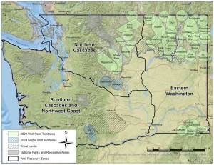 Washingtons wolf packs as of Dec. 31, 2023. <em>Courtesy of WDFW </em>