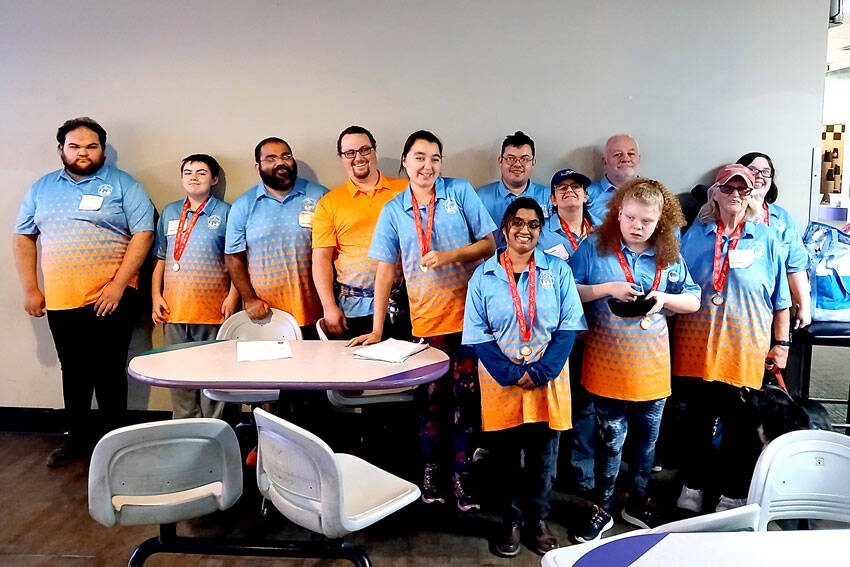 Members of the Sasquatch Bowling Team, front, l-r, Katie Christoph and Khloie Davis; middle row, Shaylee Tonasket, Connie Sanders, and Mary Miller and back row, Micheal Munroe, Jaxsin Rizzonelli, Jorge Nunez, Robin Verbeck, Nathan Hehner, Danny Hehner, and Emilie Vance. Submitted photo