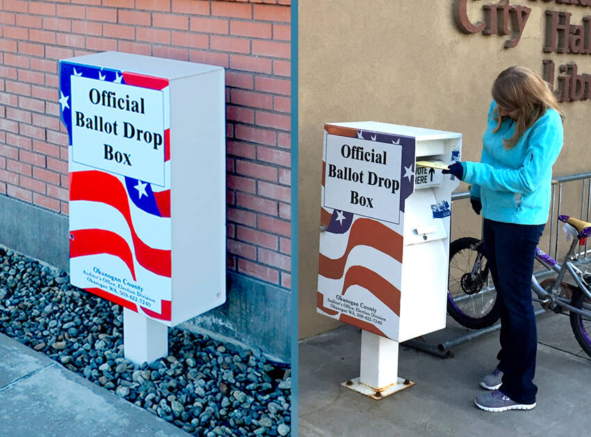 Okanogan County Ballot boxes in Oroville and Tonasket. Oroville's, left, is at the Oroville Police Station and Tonasket's is at city hall. New Washington state legislation, if passed, could fund video security cameras through a grant program. The legislation is in response to two ballot boxes that were set on fire prior to the November general election. GT file photos.