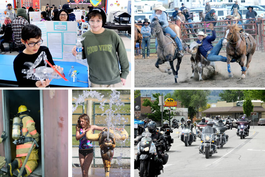 (Clockwise from left) • Alfredo Alejandre winds up a twin rubber band-powered model sub made from a plastic bottle. He was paired up with Choice High School student Brandi Rodriguez on a project titled Do submarines need fins. Also pictured is fifth-grader Rowan Jones. • Steer wrestling at the 2024 Tonasket Founders Day Rodeo • After a four-year absence, the Run for the Border Charity Motorcycle ride returned to Oroville for Armed Services Day on Saturday, May 18. The 150-mile ride from Wenatchee and back is sponsored by the Columbia River Harley Owners Group (HOG). • Tonasket Water Ranch Splash Park is a great place to help your friends cool off. • A firefighter enters a training Connex container used as a training tool to simulate a house on fire. The training took place in Tonasket and several area fire departments participated. Gary DeVon & Laura Knowlton/staff photos.