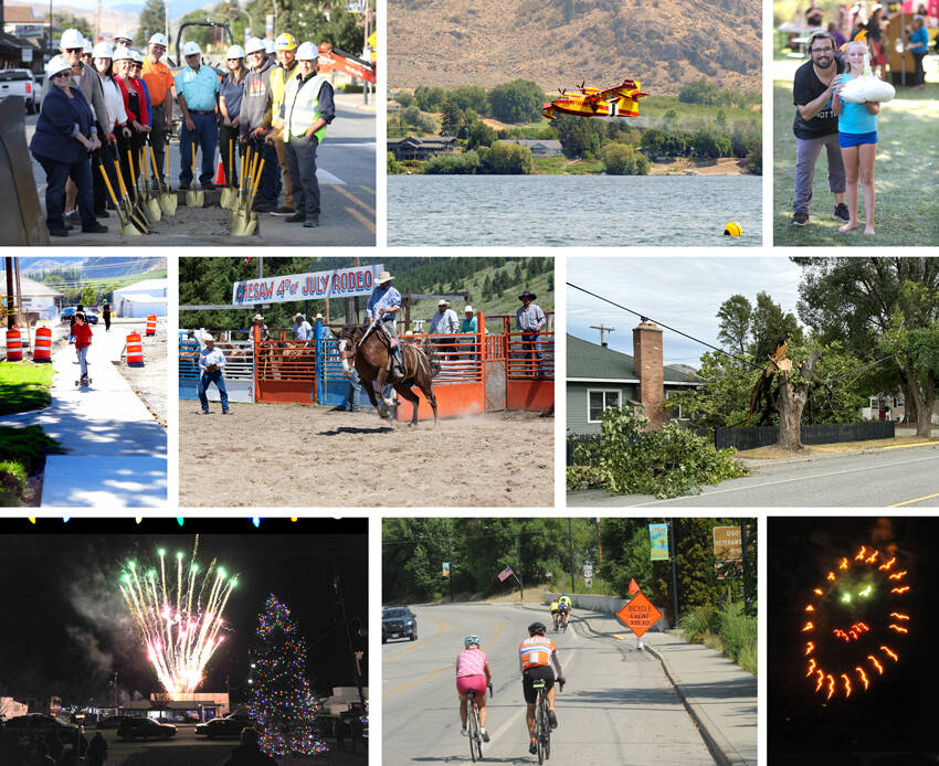 Looking Back at 2024 in photos top, l-r, Groundbreaking –After 24 years of hard work and planning, the Perfect Passage Project vision is turning into reality. On Aug. 27, members of the Tonasket City Council and City Clerk Alice Attwood were joined by former Councilmember Jill Ritter, Washington State Rep. Jacquelin Maycumber, Varela & Associates Engineer Kurt Holland, DOTs Clayton Verellien, City Planner Kurt Danison and Tonasket Chamber President Michael Stewart in celebrating the event. Firefighting – A $30 million purpose-built Bridger Aerospace Super Scooper was among the planes scooping water out of Osoyoos in August to drop on the Sunset Fire northeast of Oroville in the 9 Mile area. The plane can scoop up 14,000 gallons of water in 12 seconds. This was one of nine planes that were fighting the fire, about 2.5 miles from the Canadian Border. Garlic Festival – The rain didnt keep the fun away during the Garlic Festival in Tonasket, (middle row) Ironwood Project – Yee Haw Chesaw – The Chesaw Fourth of July Rodeo took place under sunny skies. The rodeo was well attended as saddle, ranch and bareback riders competed as well as cow riders and barrel racers, A Mighty Wind – A rain and windstorm hit the north end of the county blowing over several large trees in the Oroville area and knocking out electrical power to parts of Oroville and as far south as Ellisforde. (bottom row) – Christmas Light Up - The grand finale of his years Oroville Community Christmas Tree Lighting was a fireworks display provided by Discount Fireworks, Bike Tour-ists - A group of five bicyclists make their way to Orovilles Osoyoos Lake Veterans Park in July. They were part of a Bicycle Rides Northwest tour group of about 300 bicyclists and 60 support staff, Happy 4th of July – A smiley face was just one of the many oohs and awes at the Oroville Community Fireworks Display at Deep Bay Park. Gary De Von & Laura Knowlton/staff photos.