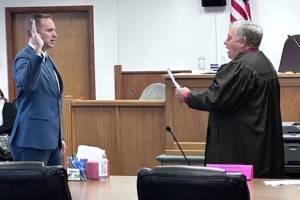 Rep. Hunter Abell, R-Inchelium, took his oath of office at the Ferry County Courthouse on Dec. 23, 2024, which Judge Patrick Monasmith administered.. Submitted photo.
