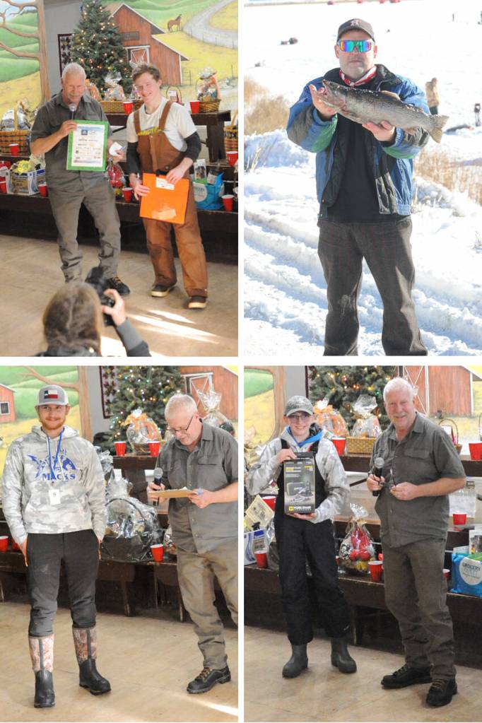 The other prize winners were: Clockwise from, top left Cameron Peterson won second place for the longest fish in the adult division. His fish was 22.24 inches and weighed 5.0 pounds. He won #300; Paul Graf, from Chesaw, won third place in the adult longest fish category with this nice 22-inch fish that weighed four pounds, 11 ounces. He won $200; in the Youth Division, Calvin Marcolin won first place and $300 for the longest fish. His fish measured 19.25 inches and weighed in at 3.79 pounds. He also won first place for the heaviest fish at 3.79 pounds. Ryan Marcolin caught the first fish of the day and won the prize for total weight up to five fish. He had three fish for a total weight of 8.375 pounds. He took home $300 for this event which required an additional entry fee to participate. Gary De Von/staff photos