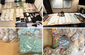 Photos of some of the large amount of illegal drugs, including approximately 161,000 fentanyl-laced pills , 80 pounds of methamphetamine, six pounds of heroin and more than two pounds of cocaine. seized by law enforcement in April 2023, along with 12 firearms.