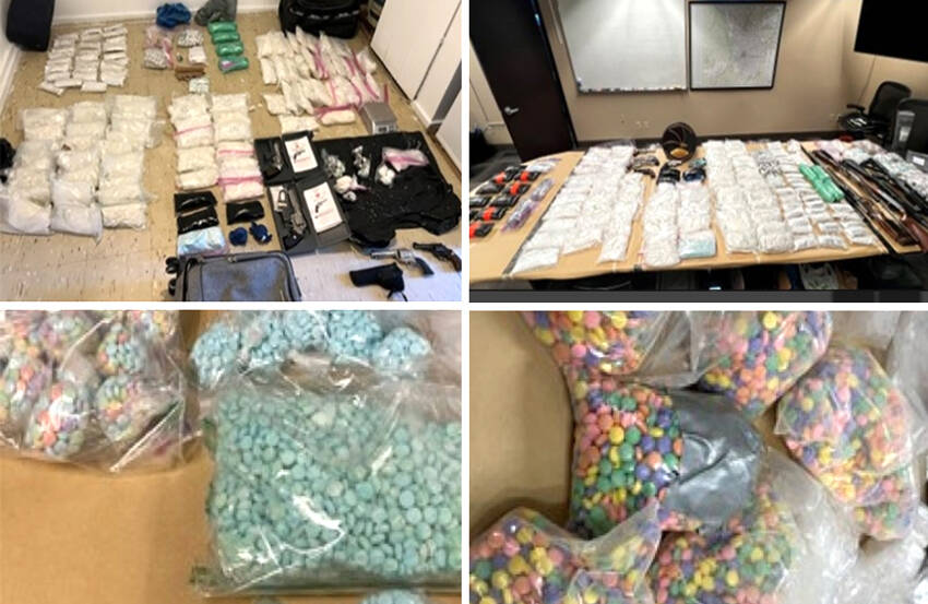 Photos of some of the large amount of illegal drugs, including approximately 161,000 fentanyl-laced pills , 80 pounds of methamphetamine, six pounds of heroin and more than two pounds of cocaine. seized by law enforcement in April 2023, along with 12 firearms.