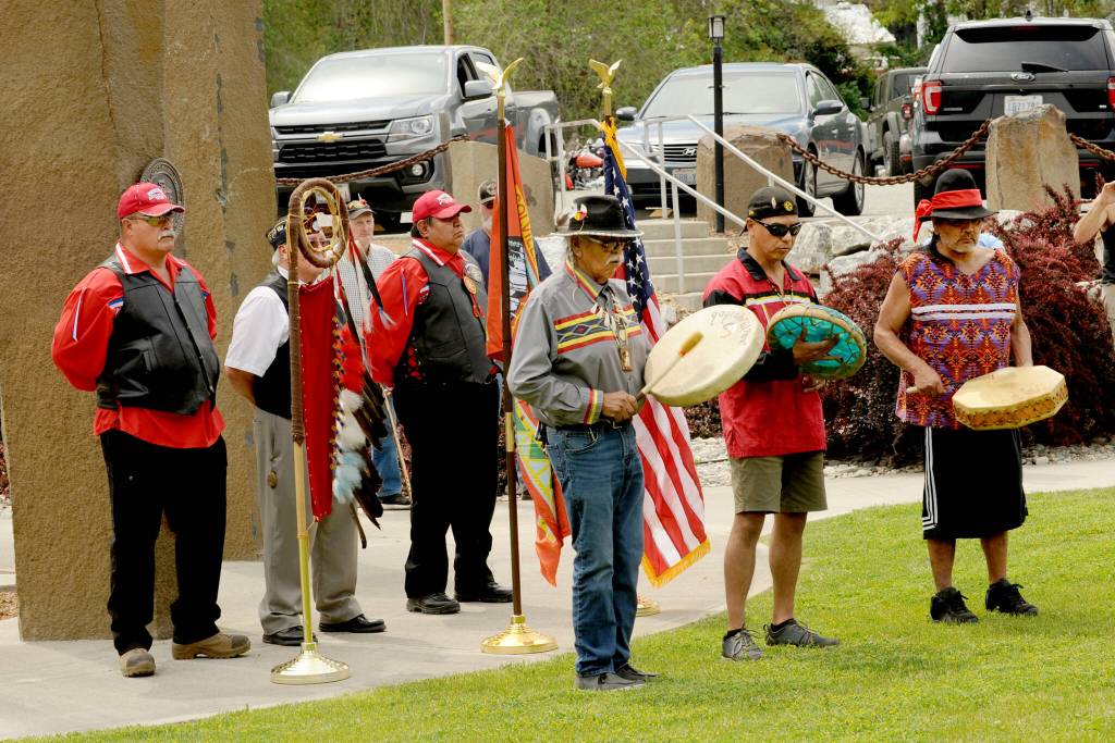 Members of the Colville Confederated Tribes participate in the dedication of the Vietnam War Veterans Memorial Highway (SR20) at the Armed Forces Legacy Memorial in Tonasket in May of 2023. Gary De Von/GT file photo