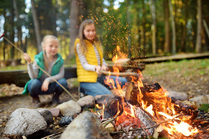 Young sisters roasting hotdogs on sticks at campfire. Adobe Free Stock.