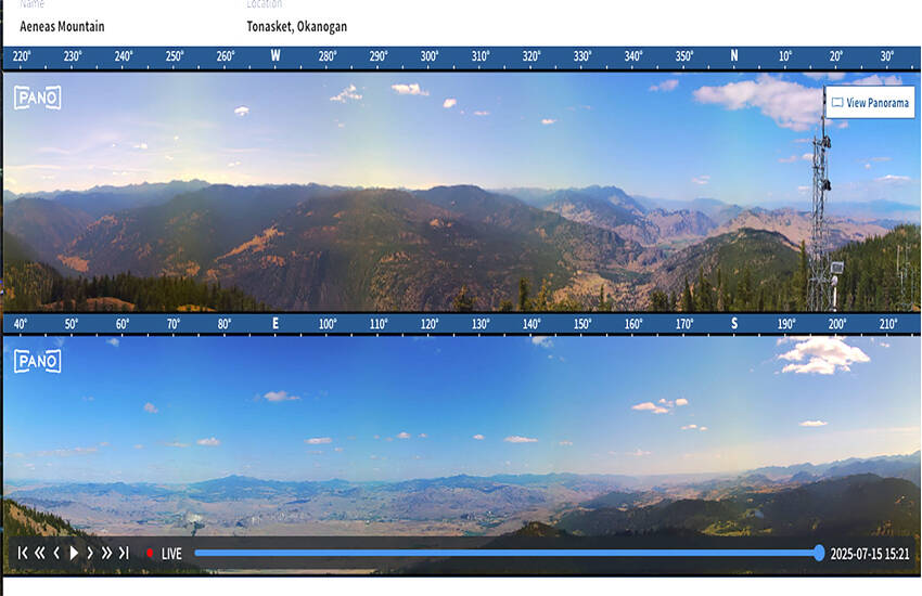 The view from Aeneas Mountain, one of 21 wildfire detection cameras located in high-risk areas around Washington state. Live webcam feeds allow curious people to watch jumping salmon, roosting eagles and frolicking pandas from their homes, desks, or phones.