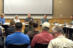 Public Lands Commissioner Dave Upthegrove, Sen. Shelly Short and Reps. Hunter Abell and Andrew Engell, participated in a Wildfire Roundtable Discussion with representatives from the Farm Bureau, Okanogan Conservation District, Okanogan County and the PUD. Submitted photo/OKPUD