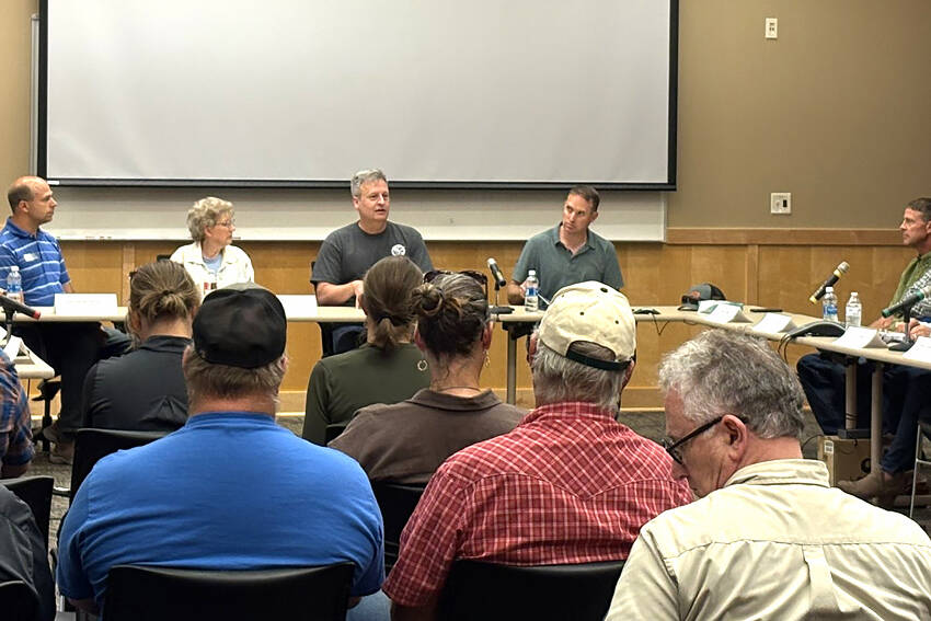 Public Lands Commissioner Dave Upthegrove, Sen. Shelly Short and Reps. Hunter Abell and Andrew Engell, participated in a Wildfire Roundtable Discussion with representatives from the Farm Bureau, Okanogan Conservation District, Okanogan County and the PUD. Submitted photo/OKPUD