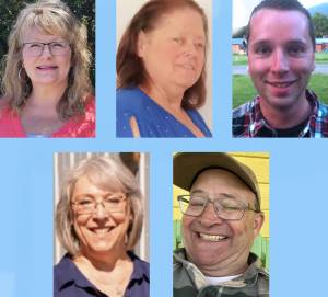 Oroville School Board candidates (clockwise from top left) Traci Neal, Geraline Savoia, Travis Loudon, Valerie Coolidge and Mike Egerton.