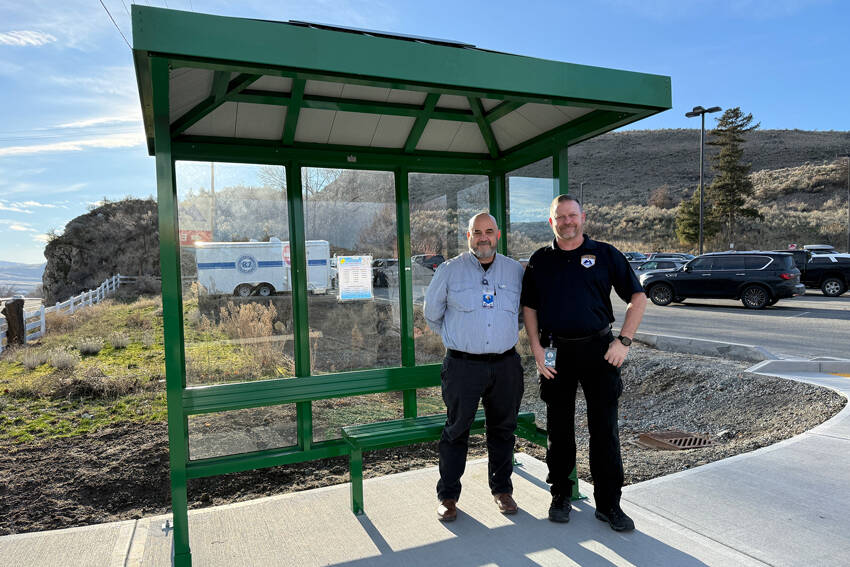 Mid-Valley Hospital (MVH)/Clinic, and TranGO, have relocated the TranGO bus stop serving the hospital to the south side of the parking lot near the Emergency Department ambulance ramp. Tony Hawley, Security and Safety Director at MVH, who coordinated the event, and CEO Andy Bertapelle were on site for the move. Submitted photo