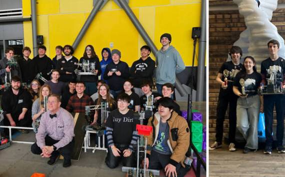 Above left, Central Washington University Mechanical Engineering Technology Professor Charles Pringle and the nine teams that competed in the robotics tournament in Ellensburg. Above right, The Oroville Robotics competitors at the recent CWU Robotics Tournament, l-r Travis Darley, eighth grade; Erin Gimello, junior; Jaxon Darley, sophomore; Kwani Harding, junior and Elias DeFord, senior. Submitted photos
