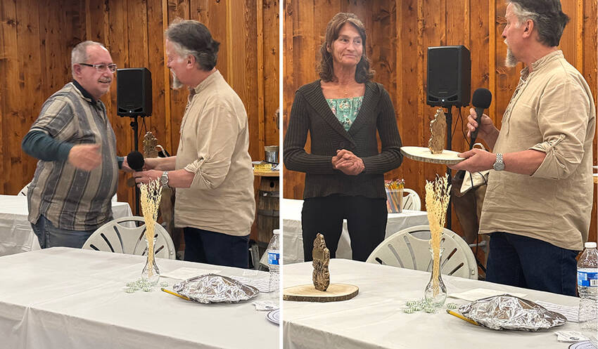Paul Bouchard (left) accepts the Citizen of the Year award, which was presented by Andross Moore. Bouchard was noted for his help in the community as an EMT and especially for his years of teaching CPR throughout the area. Moore shared a laugh with Bouchard, who made the awards this year, that Moore, who owns Corvid Wolf Jewelry, couldnt do the engraving because then it would giveaway that Bouchard had won this year.
Zion Butler was recognized by the chamber for having the Business of the Year, Invictus Training Center. Moore explained what a rough time Butler went through with the loss of his partner, but the gym owner has persevered. While Butler was unable to attend the banquet, his mother, who was fighting back tears, was able to accept the award for him. Gary De Von/staff photos